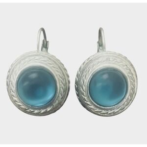 Silver Tone Round Blue Stone Lever Back Pierced Earrings - Preowned Estate